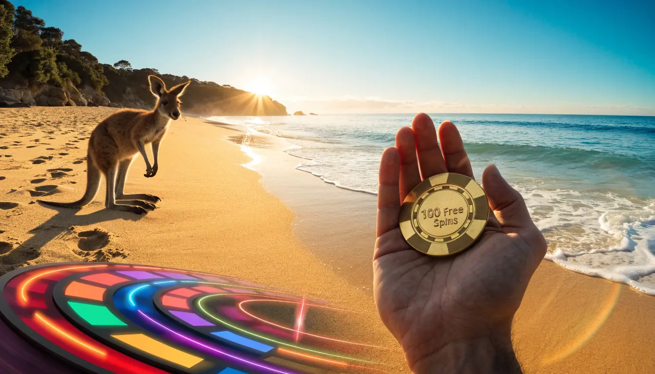 Australian beach scene with spinning roulette wheel and casino chip.