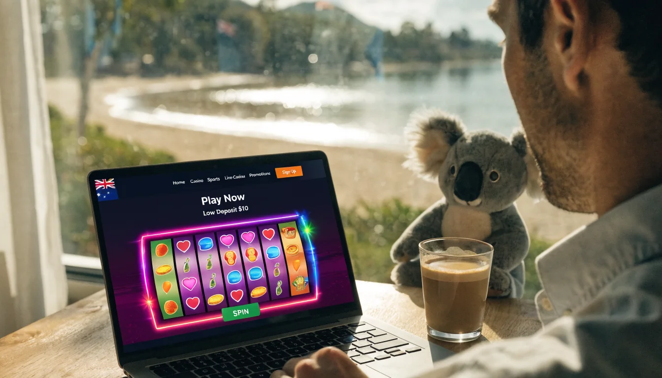 Australian online casino on laptop with beach view and koala toy