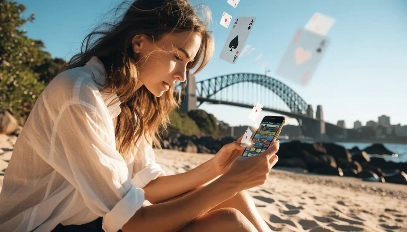 Australian woman on beach using iPhone with casino game UI