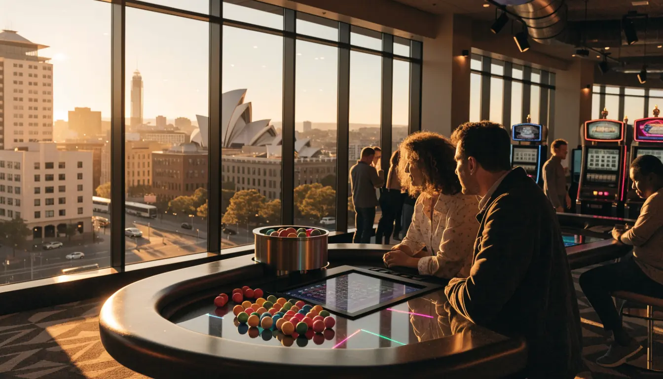 Australian casino interior with illuminated keno table and city view