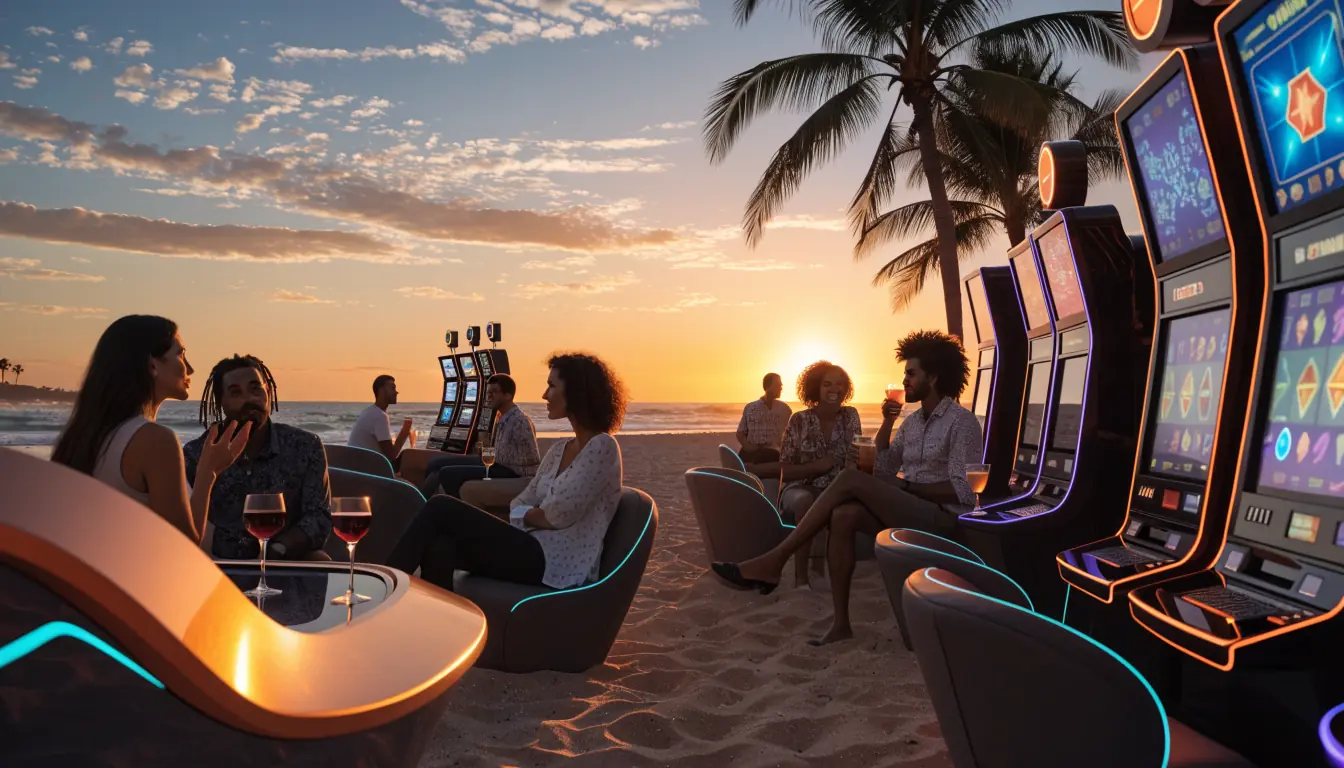 Australian beach sunset with futuristic casino lounge and neon slot machines