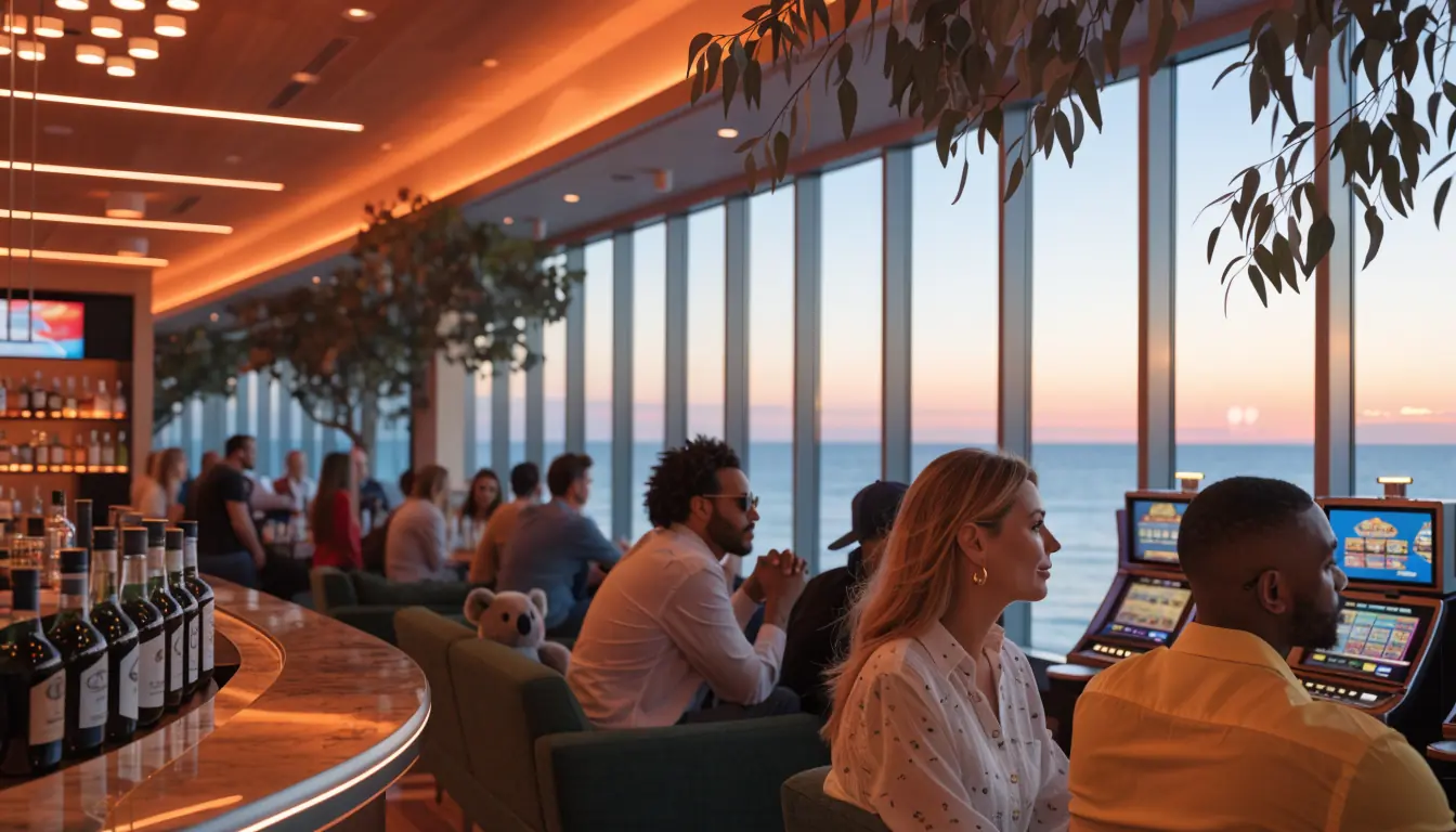Australian beachside casino lounge at sunset