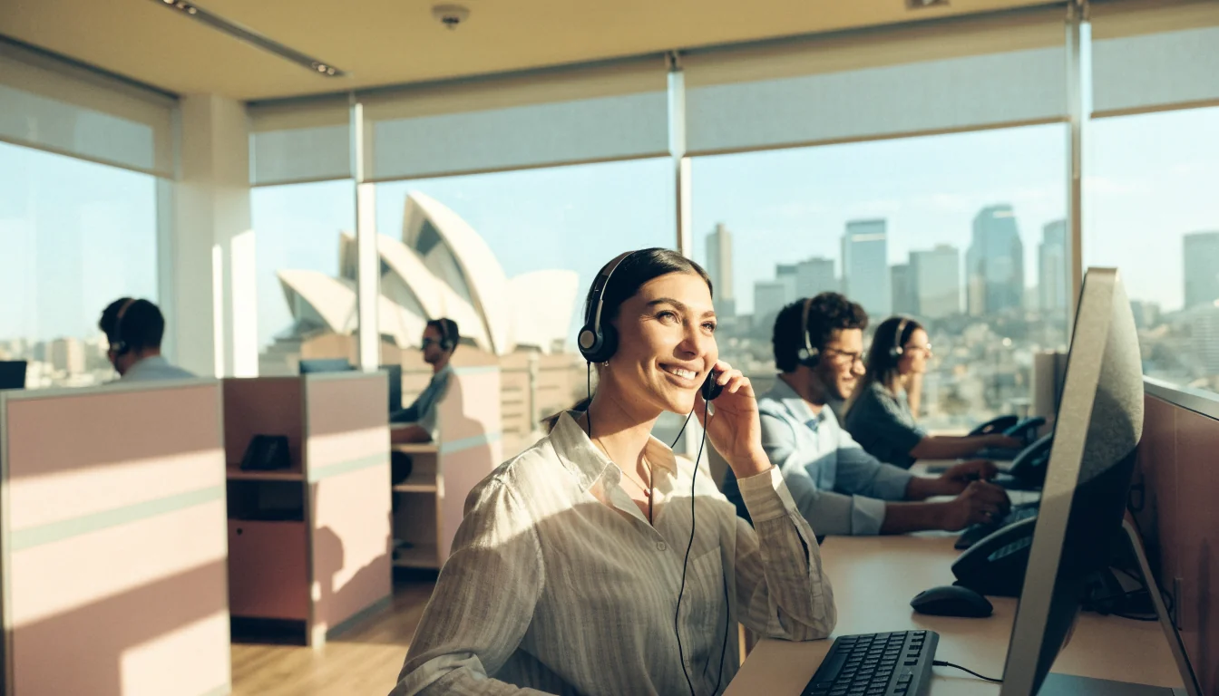Australian contact center with smiling agent and Sydney skyline view