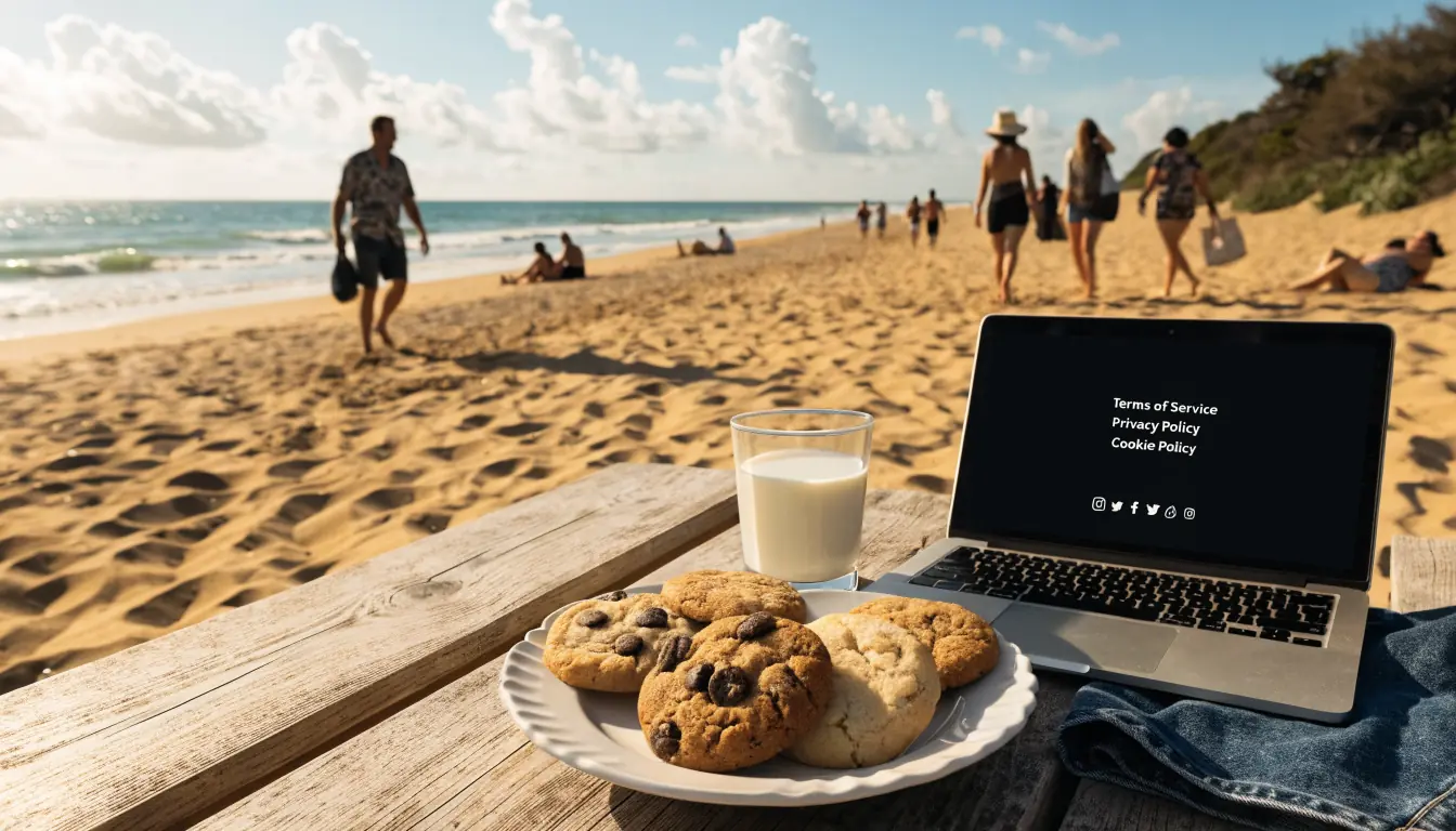 Australian beach table with cookies, milk, and laptop.