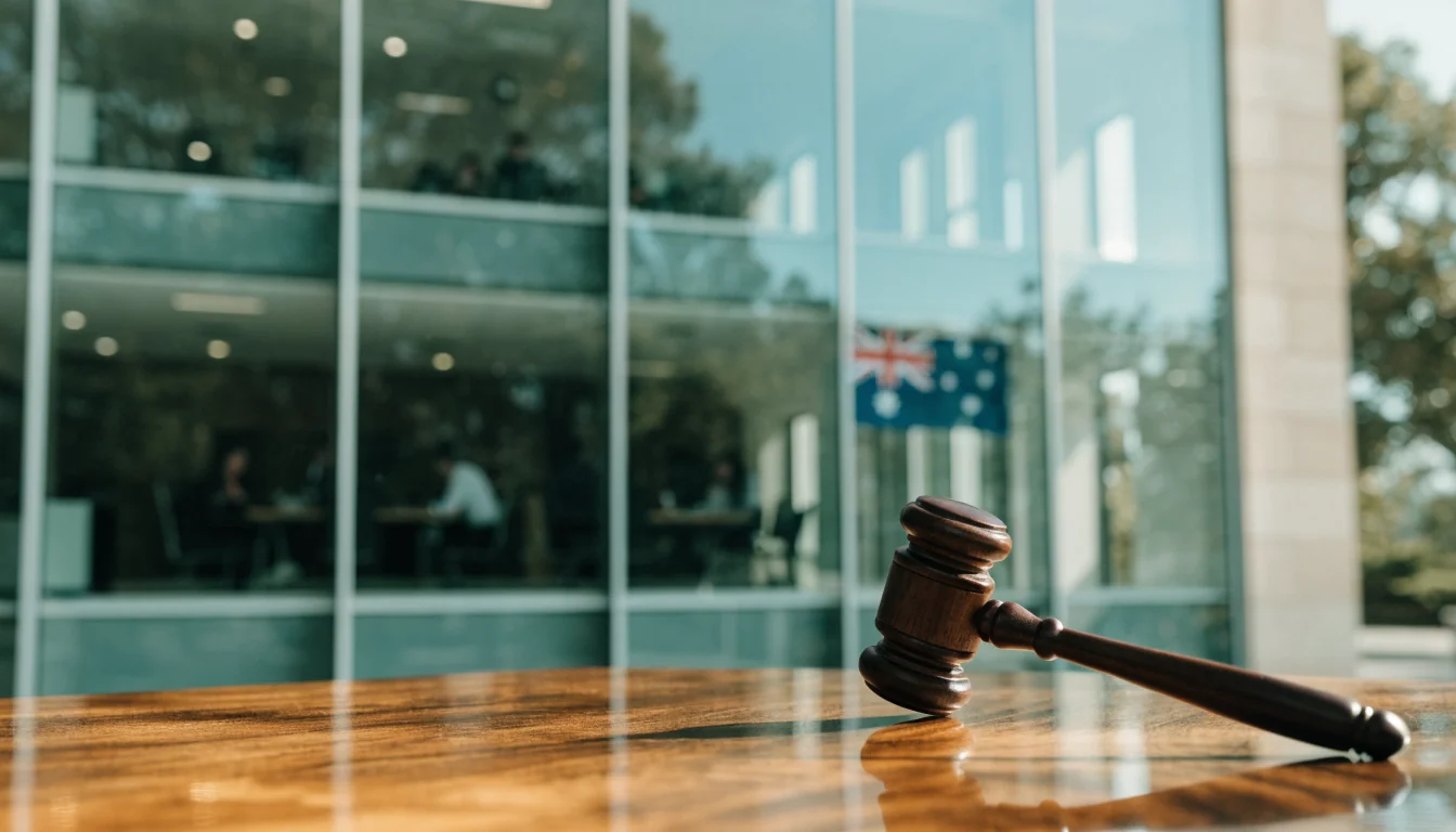 Australian office building with legal gavel on desk