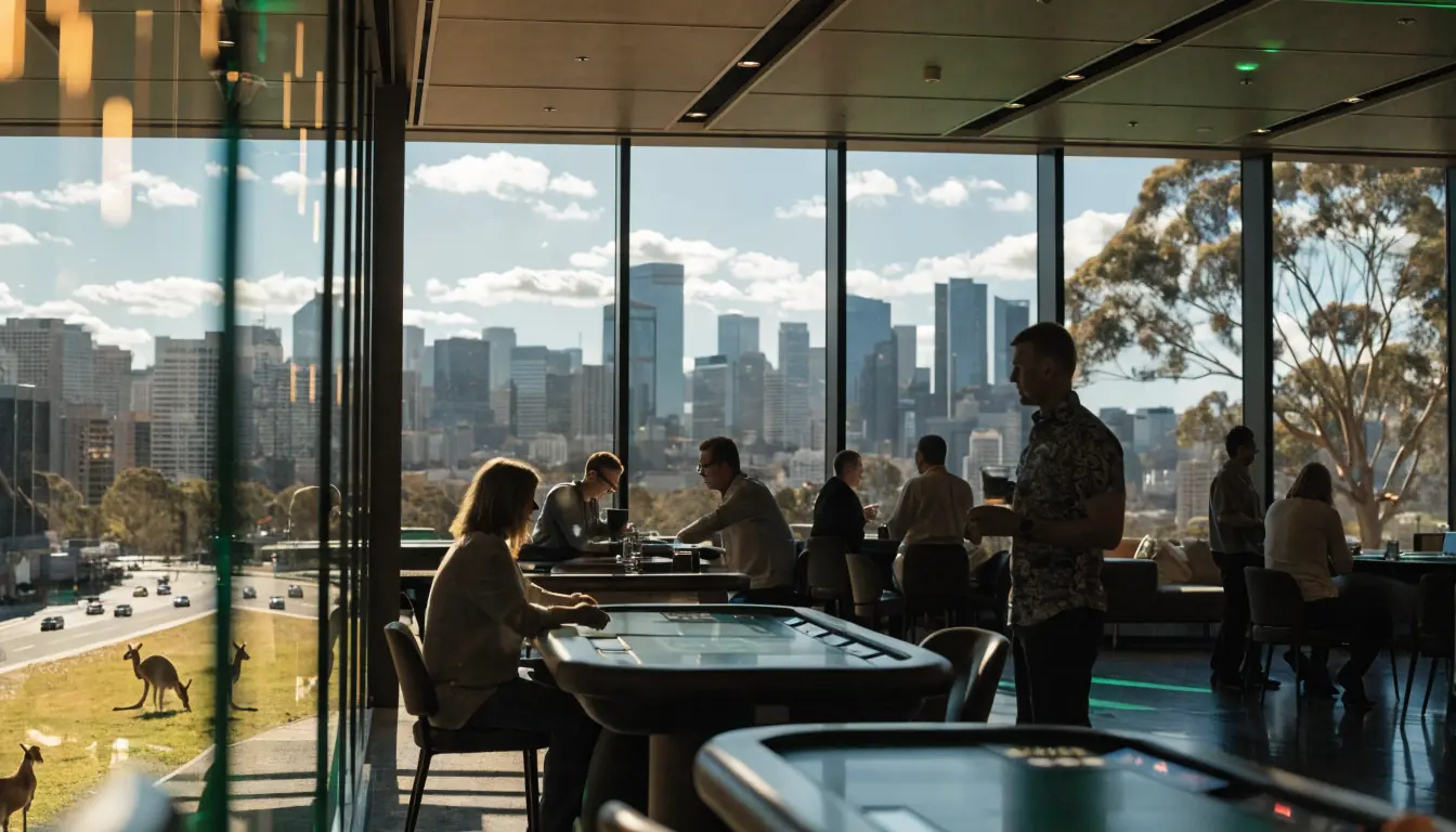 Australian casino lounge with Sydney skyline and kangaroos outside