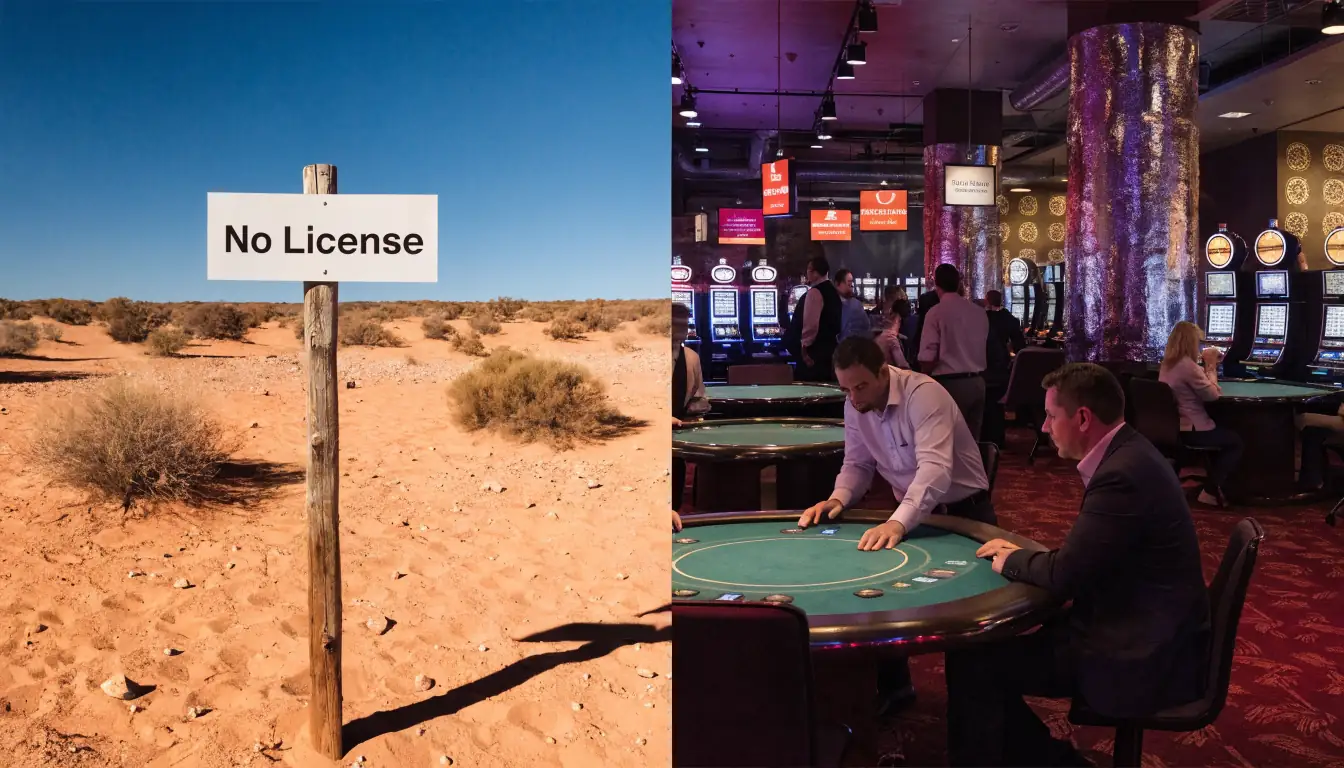 Desert with 'No License' sign beside vibrant casino floor