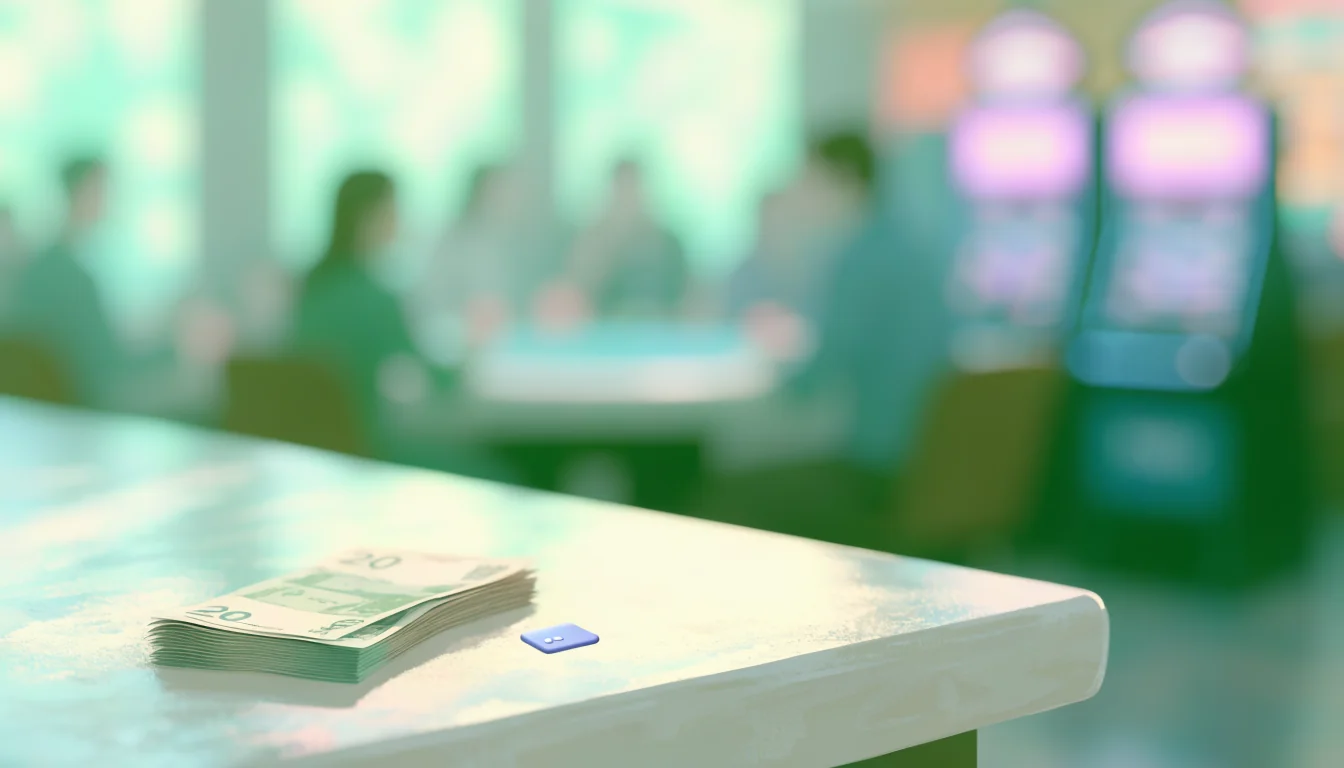Small cash stack and tiny digital wallet on casino table