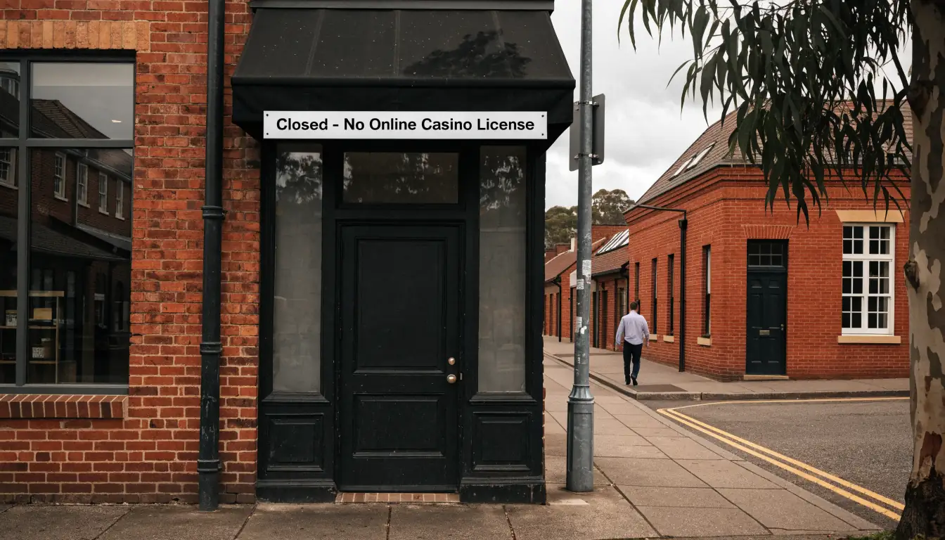 Closed storefront with sign about no online casino license