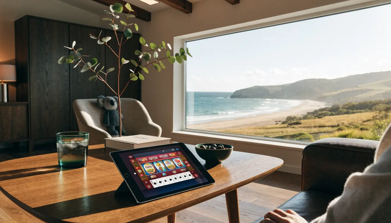 iPad showing casino game in an Australian living room with coastal view