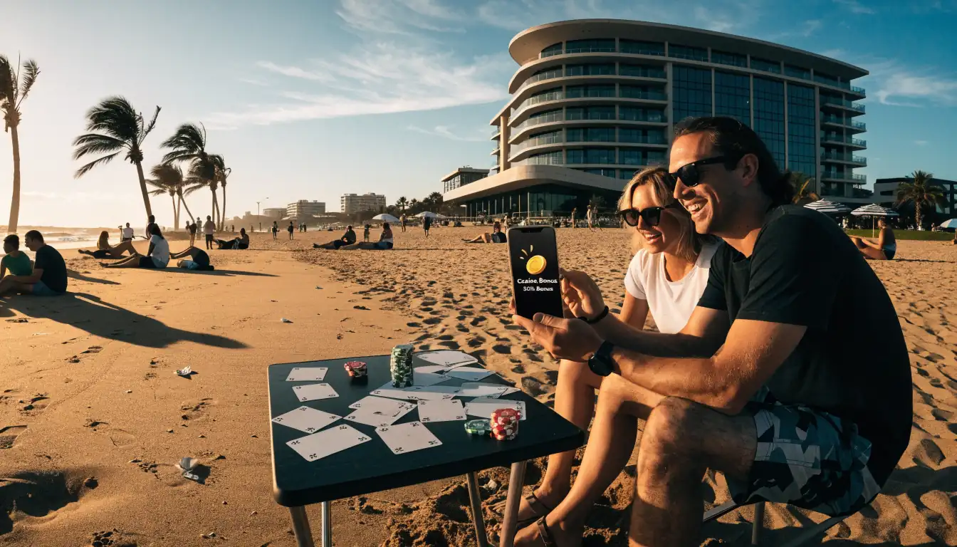 Australian beach with casino building and sunrise
