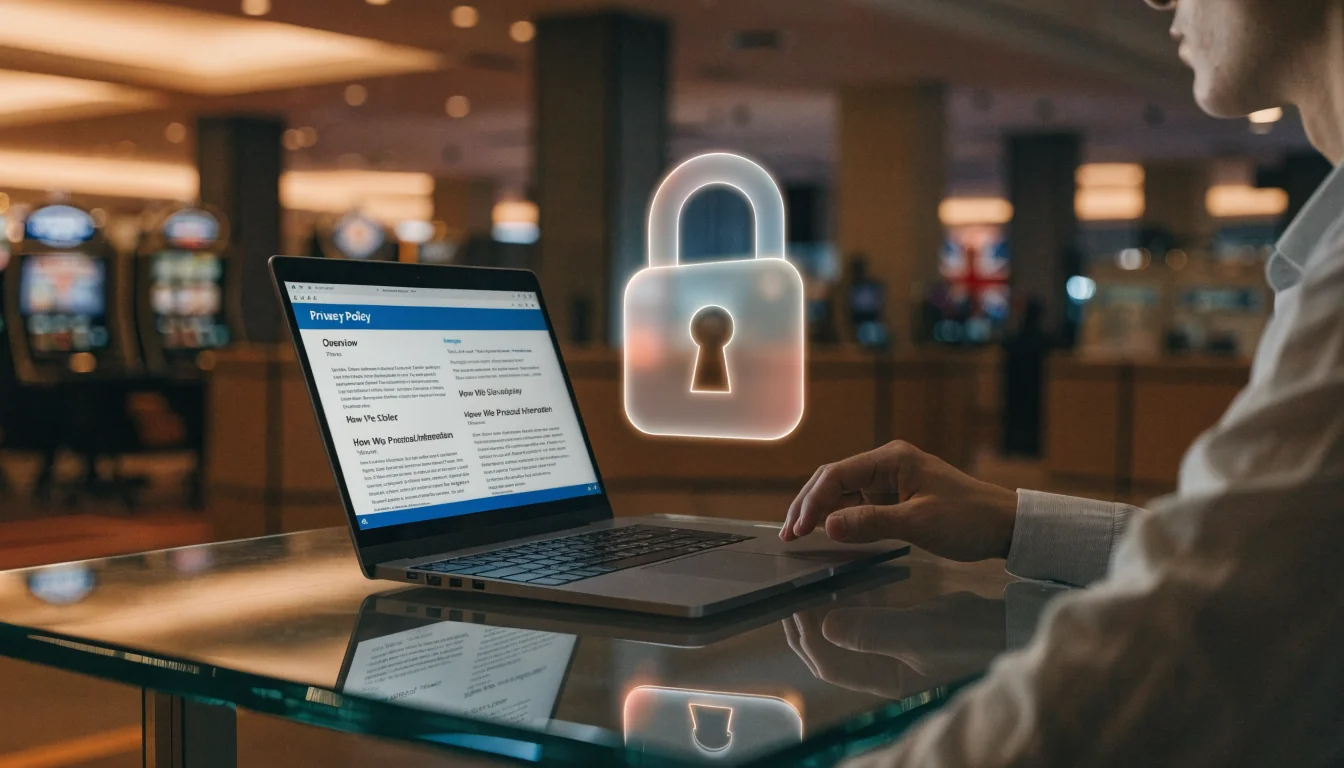 Australian casino desk with holographic lock and privacy policy on laptop