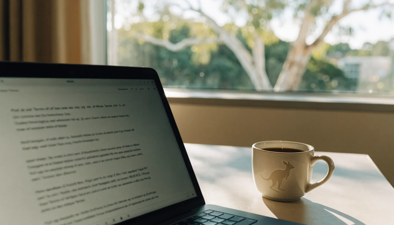 Office desk with laptop, coffee mug, and eucalyptus view